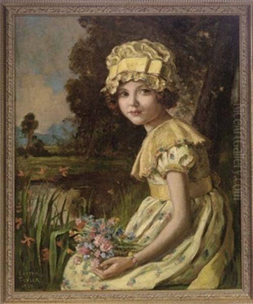 Portrait Of Eila Jeanette Rimmington In A Yellow Dress And Bonnet, Flowers In Her Lap Beside A River Oil Painting by Edward Tayler