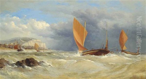 Hastings - Trawlers Running Ashore Under The East Cliff Oil Painting by Charles Taylor Jr.