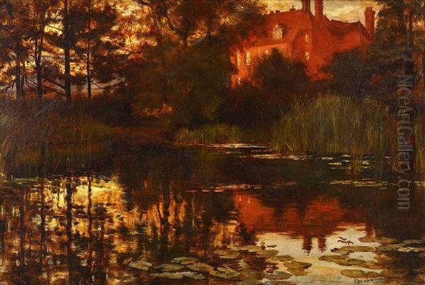 Country House On A Lake At Sunset Oil Painting by Edward R. Taylor