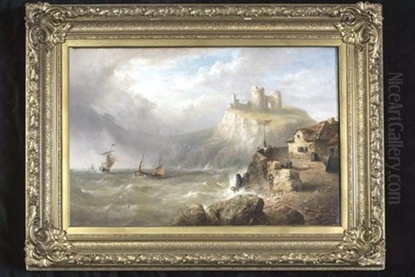 Coastal Scene With Castle Ruins, Slipway And Figures In The Foreground, Oil Painting by Henry King Taylor