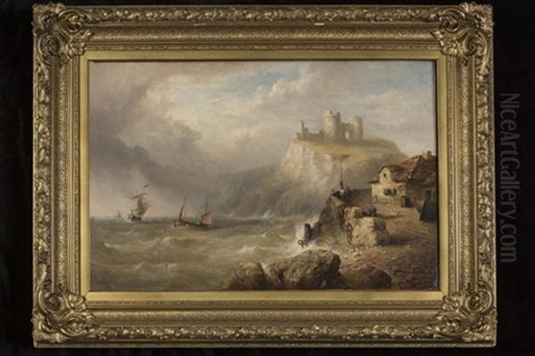 Coastal Scene With Castle Ruins, Slipway And Figures In The Foreground Oil Painting by Henry King Taylor