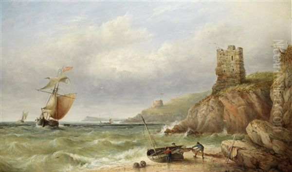 Fowey - Fishermen Unloading Nets Off The Lookout Station, With A Brigantine And Other Shipping Beyond Oil Painting by Henry King Taylor