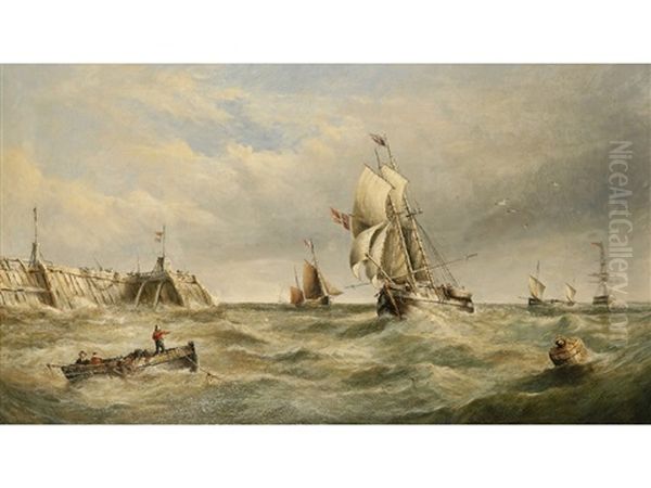 Shipping In Choppy Seas Beside A Harbor Wall Oil Painting by Henry King Taylor