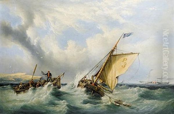 Pilot Cutter No. 3 With A Rowing Boat Coming Alongside And A Paddlesteamer In The Distance Oil Painting by Henry King Taylor