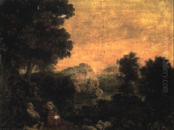 An Italianate Landscape With Sheperdesses Oil Painting by John (of Bath) Taylor