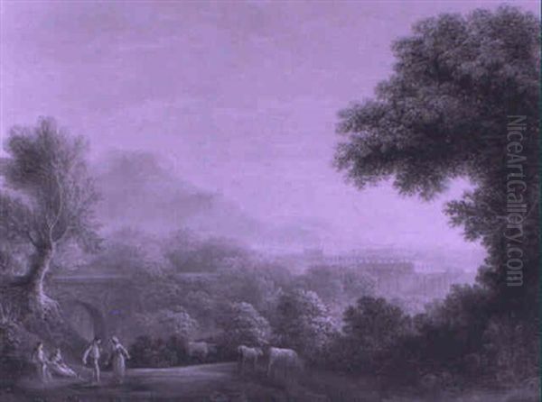 Italianate Coastal Landscape With Figures By A Bridge Oil Painting by John (of Bath) Taylor