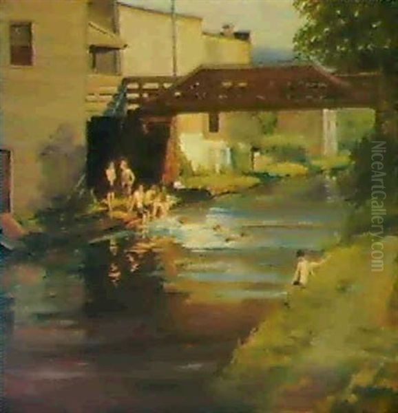 Boys Bathing On The Canal, New Hope Oil Painting by Mary Smith Perkins Taylor