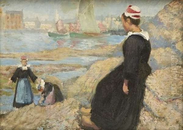 Girls At The Water's Edge, Brittany Oil Painting by Samuel C. Taylor