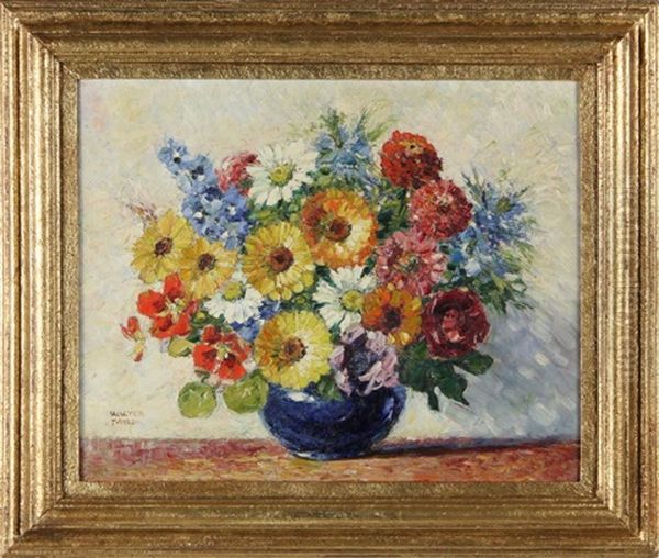 Delphiniums...& Zinnias In A Blue Jar Oil Painting by Walter Taylor