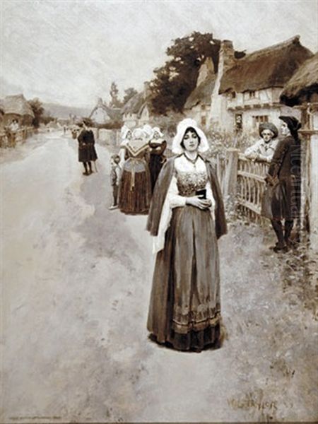 Woman Walking In Colonial Town (illus. For Evangeline For Issue Of Ladies Home Journal) Oil Painting by William Ladd Taylor