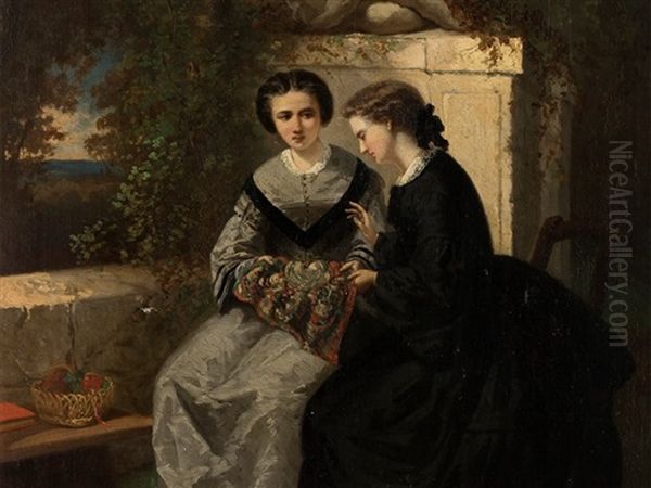 Women Embroidering In The Park Oil Painting by Louis Joseph Taymans