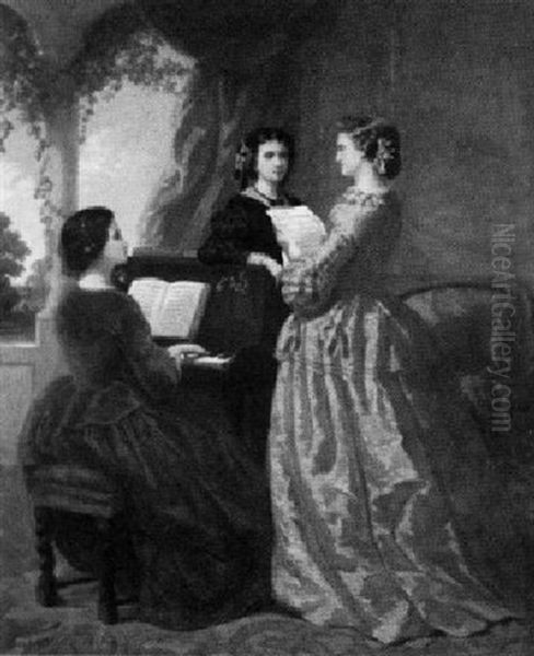 Drei Junge Dame Singen Und Musizieren In Einem Vornehmen Salon, Der Zur Terasse Hin Geoffnet Ist Oil Painting by Louis Joseph Taymans