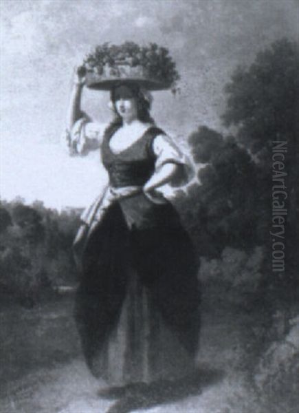 A Peasant Girl Carrying A Basket Of Fruit On Her Head Oil Painting by Louis Joseph Taymans