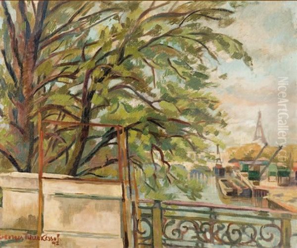 Vue De La Seine A Paris Oil Painting by Youri Yourievitch Tcherkesoff