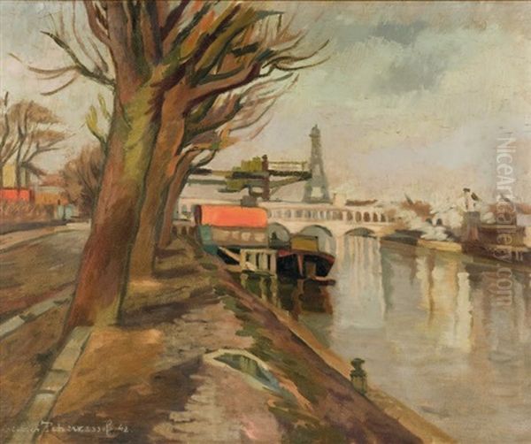 Vue De La Seine A Paris Oil Painting by Youri Yourievitch Tcherkesoff