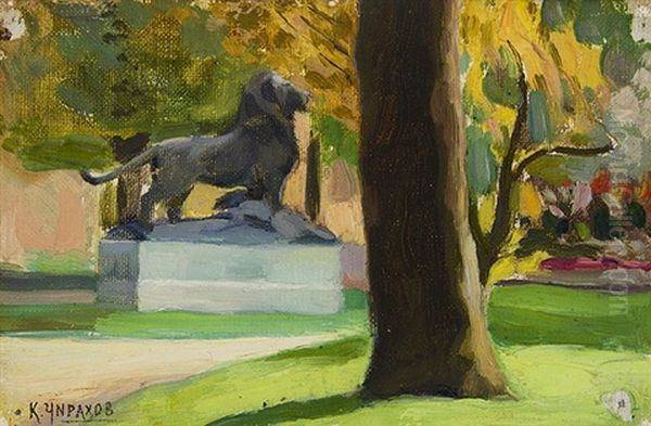 Park Mit Lowenskulptur Oil Painting by Karpo Tchirakhoff