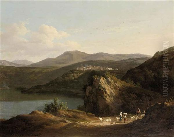 Travelers And Goats Near The Lago Di Nemi, Ariccia Beyond Oil Painting by Abraham (Alexandre) Teerlink