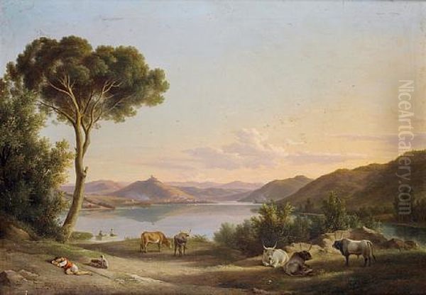 An Italian Lake Landscape With Cattle Resting In The Foreground (+an Italian Landscape, 2 Works) Oil Painting by Abraham (Alexandre) Teerlink