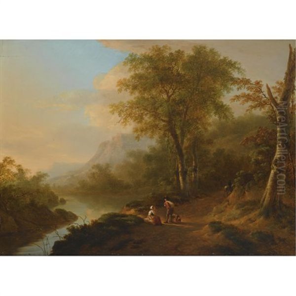 Travellers In A River Landscape Oil Painting by Abraham (Alexandre) Teerlink