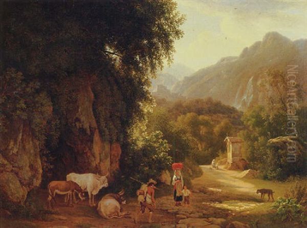 An Italianate Landscape With Travellers And Peasants On A Mountain Track, Others Praying In Front Of A Chapel Beyond Oil Painting by Abraham (Alexandre) Teerlink