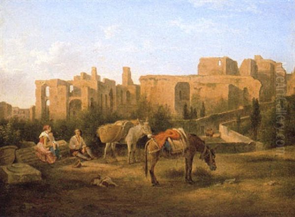 Figures Resting Before Ruins Oil Painting by Abraham (Alexandre) Teerlink