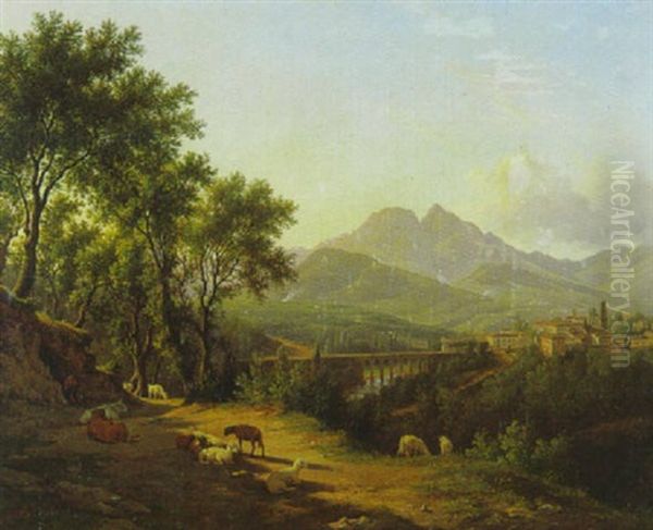 Blick Auf Cava Dei Tirreni Bei Salerno Mit Dem Viadukt Und Der Kirche S. Francesco Oil Painting by Abraham (Alexandre) Teerlink