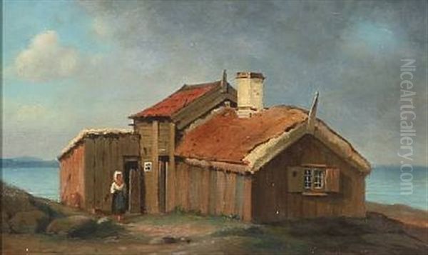 Farmer House With A Woman Oil Painting by Christian Martin Tegner