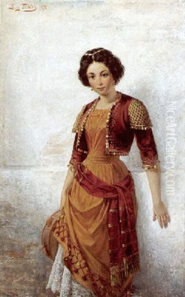 Madchen In Orientalischem Kostum Und Tamburin by Georg Teibler