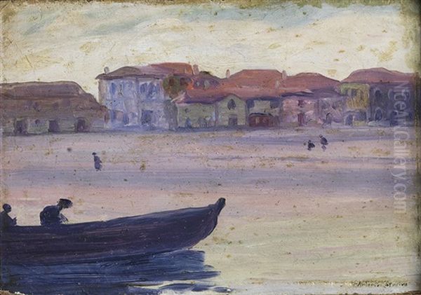 Vista De Praia Com Casa E Barco Oil Painting by Antonio Teixeira Carneiro Junior