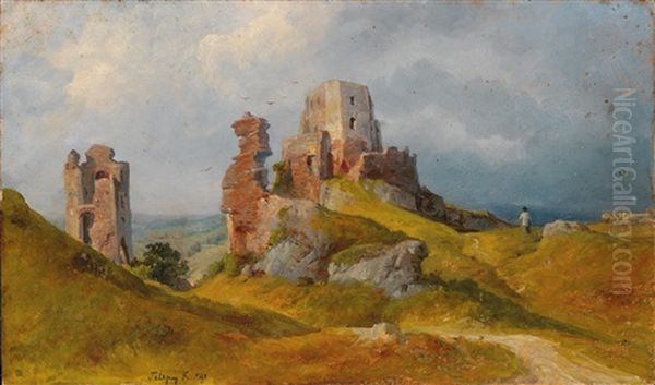 Walker In An Open Landscape With Ruins Oil Painting by Karoly Telepy