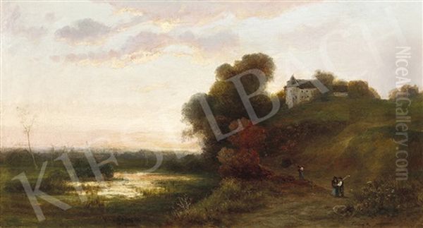 River Side Vith Castle Oil Painting by Karoly Telepy