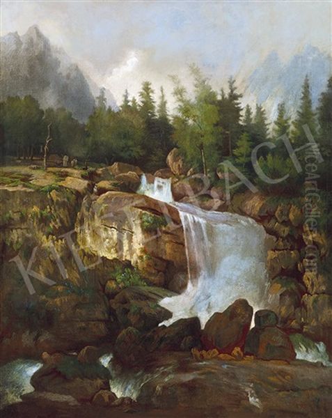 Waterfall In The High Tatras Oil Painting by Karoly Telepy