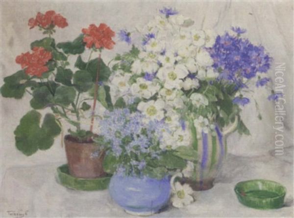 Primulas, Anemones, Cornflowers, In Vases And Pelagoniums In A Pot On A Draped Table Oil Painting by Valeria Telkessy