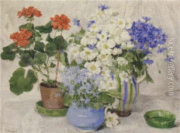 Primulas, Anenomes, Cornflowers In Vases And Pelargoniums In A Pot On A Draped Table Oil Painting by Valeria Telkessy