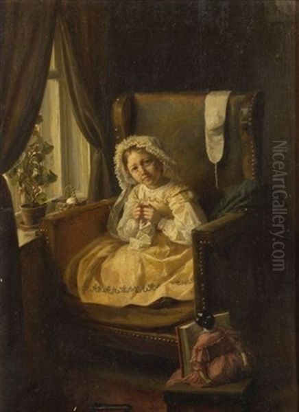 Girl Crocheting Oil Painting by Ferdinand Tellgmann