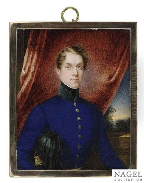 Portrait Miniature Of A Young Officer Wearing A Blue Coat Oil Painting by Josef Eduard Teltscher