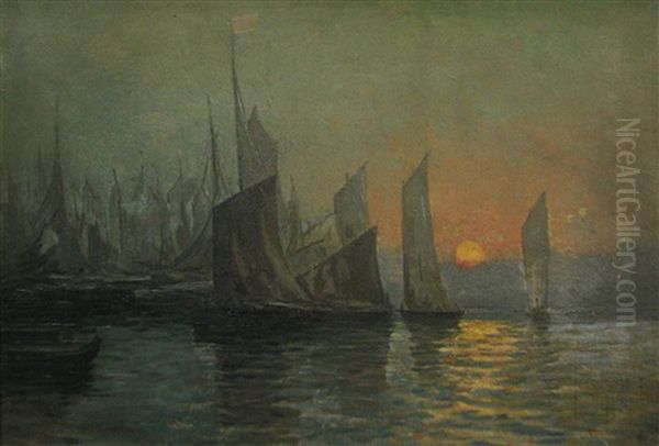 Sunset In The Harbour Oil Painting by Nicholas Tempeanu