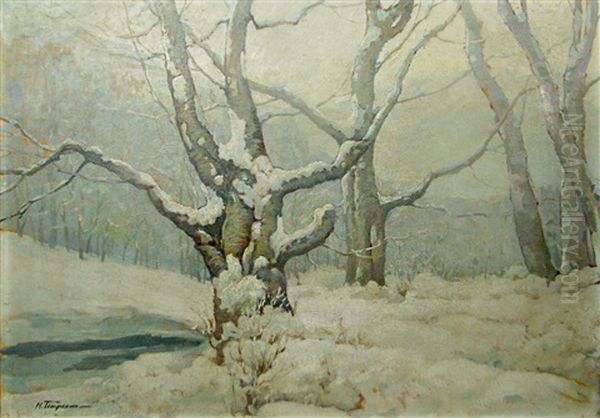 Winter In The Forest Oil Painting by Nicholas Tempeanu