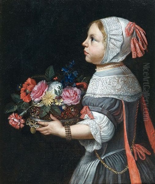 Jeune Fille Portant Une Corbeille De Fleurs Oil Painting by Abraham Lambertsz Jacobsz van den Tempel