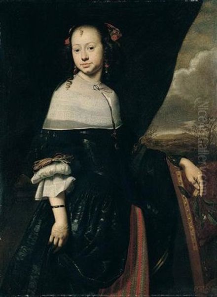 Portrait Of A Young Lady Wearing Black, Holding A Sprig Of Orange Blossom Oil Painting by Abraham Lambertsz Jacobsz van den Tempel