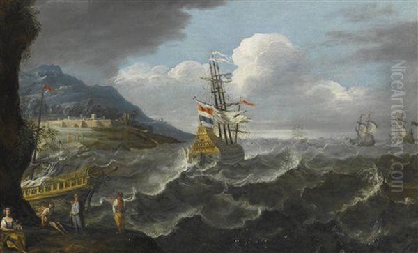 Ships In A Storm, With Shipwrecked Figures In The Foreground, A View Of A Town Beyond Oil Painting by Antonio Tempesta