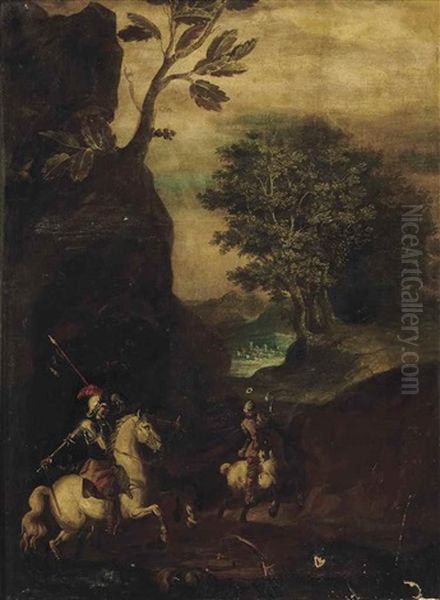 A Wooded Landscape With Soldiers On A Path, A City And Mountains Beyond by Antonio Tempesta