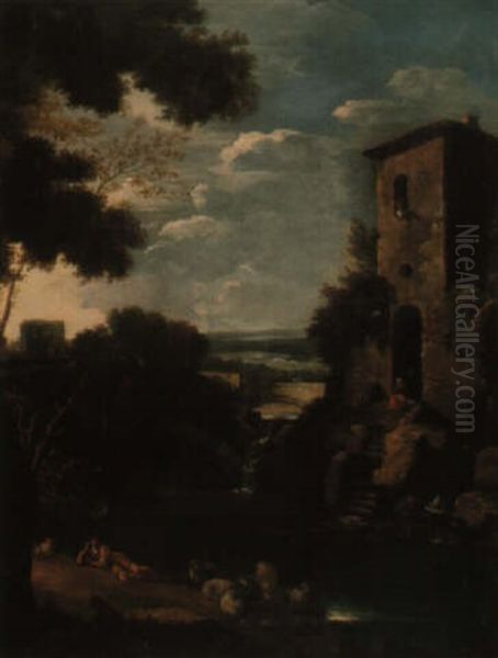 Italianate River Landscape With A Shepherd Resting Oil Painting by Domenico (Marchi) Tempesti