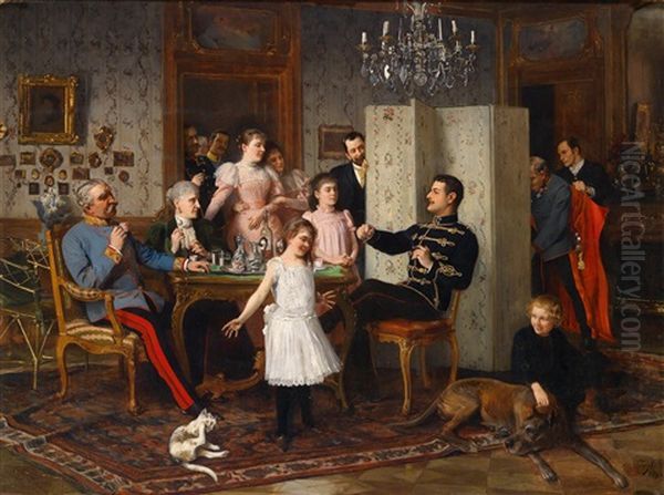 Groses Familienfest, Am Tisch Sitzend Ein Feldmarschallleutnant Sowie Ein Junger Oberleutnant Eines Husarenregiments Oil Painting by Hans Temple