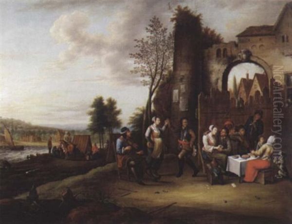 Fete Dans Un Village Pres D'une Auberge Oil Painting by Jean Baptiste Tency