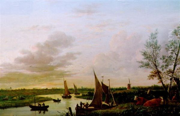 Cattle In A Watermeadow At Sunset With Figures In Boats On A River Oil Painting by Jean Baptiste Tency