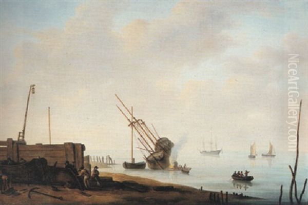 Men Building A Boat And A Ship Being Careened Oil Painting by Jean Baptiste Tency