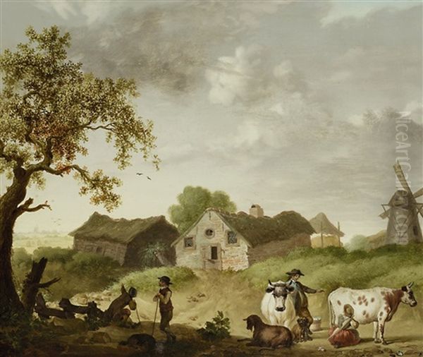 Melkende Magd Im Gesprach Oil Painting by Johannes Willem Tengeler