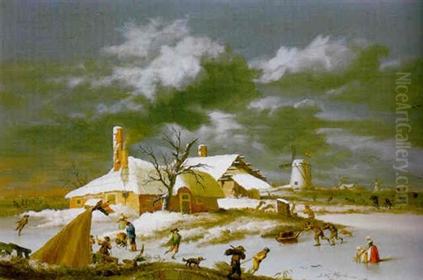 Winter Landscape With Fishermen And Skaters On The Ice, A House And Windmills Beyond Oil Painting by Johannes Willem Tengeler