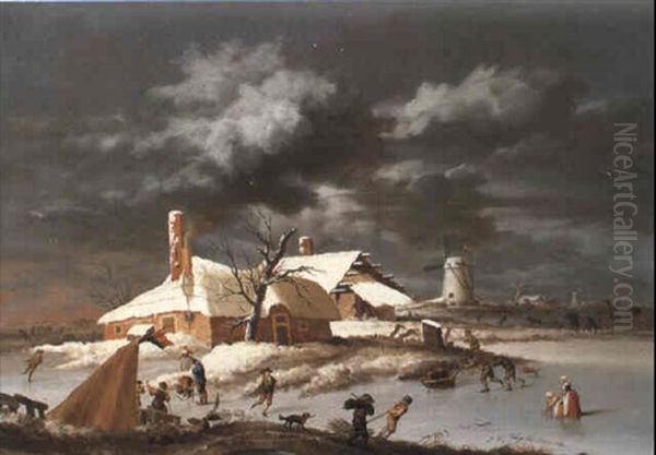 Extensive Winter Landscape With Skaters And Villagers Oil Painting by Johannes Willem Tengeler